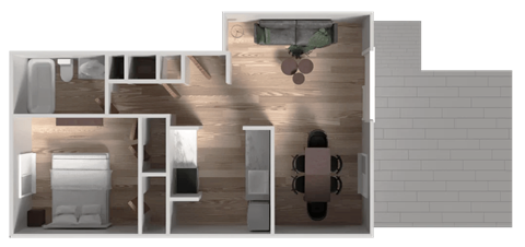 A top-down view of a house layout with a kitchen, living room, and bathroom.